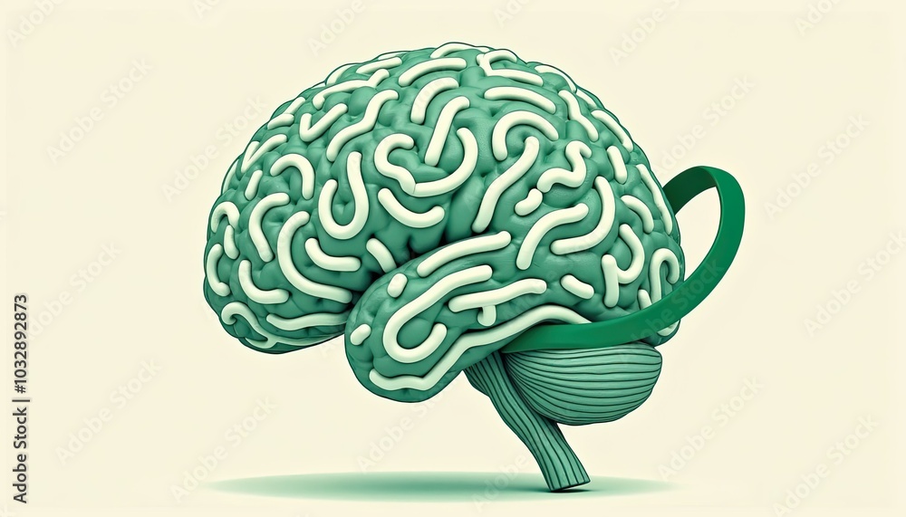 Poster a green brain with white lines and a green circle on the side. the brain is the main focus of the im