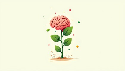 A brain is growing out of a tree. The brain is green and has leaves growing out of it