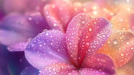 Fototapeta premium A stunning macro shot of petals with a gradient of pink and purple covered in shimmering dewdrops