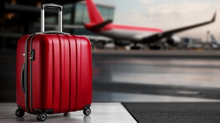 A bright red suitcase stands on the tarmac at the airport, with a plane in the background.