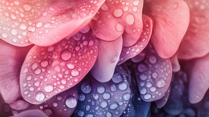 A stunning macro shot of petals with a gradient of pink and purple covered in shimmering dewdrops