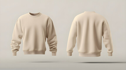 Front and back view of beige cotton crewneck sweater mockups