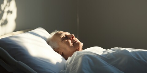 Obraz premium A serene hospice room, showing a close-up of a patient's peaceful face with a faint smile, surrounded by soft pillows