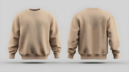 Front and back view of beige cotton crewneck sweater mockups