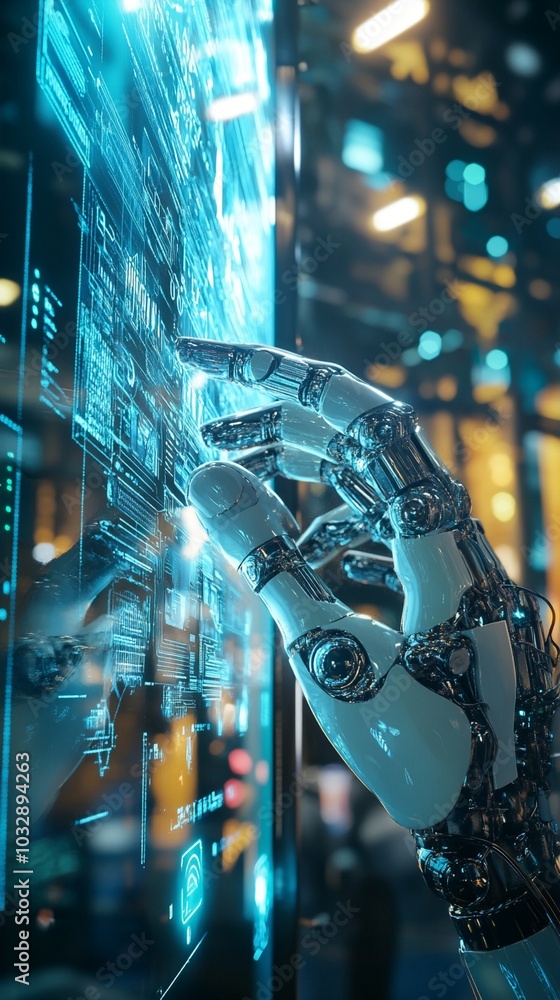 Poster futuristic robotic hand interacting with holographic interface in neon-lit cityscape, symbolizing ad