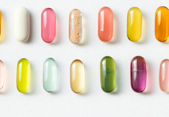 Multicolored transparent capsules on a white background. Seamless pattern of biological supplements, vitamins and medicines for health, beauty of skin and hair. Close-up for wallpaper, print, backdrop