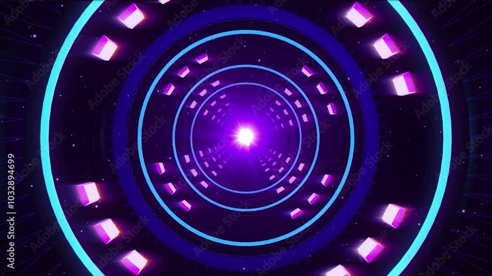 Wall mural abstract 3d rendering of a glowing tunnel with neon lights and a bright light at the end.