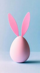 Minimalist Easter concept: Pink egg-shaped figure with bunny ears against pastel blue background, blending whimsy and simplicity in festive design.