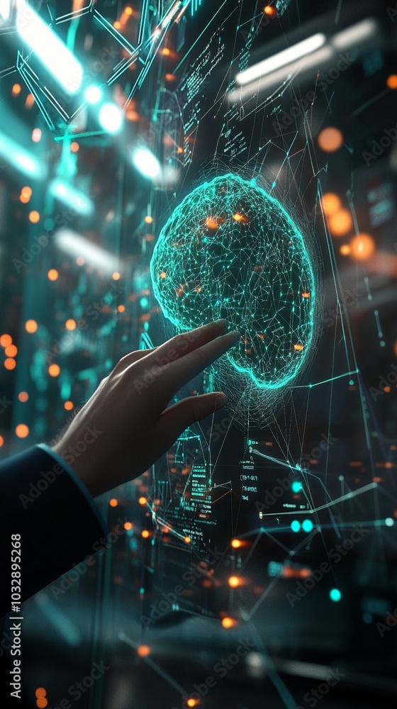 Poster futuristic holographic brain interface: human hand reaching towards glowing neural network sphere, s