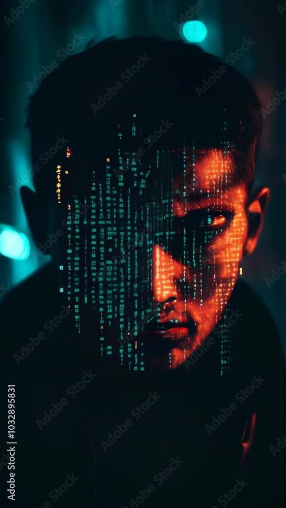 Aufkleber Young programmer is illuminated by lines of programming code projected onto his face. The image evokes concepts such as cybersecurity, big data and artificial intelligence
