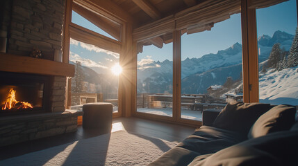 Fototapeta premium Luxury chalet in the Swiss Alps, warm winter sunlight through smaller windows, cozy wood and stone interior, panoramic mountain views, soft snow outside. High-quality, cinematic, serene atmosphere.
