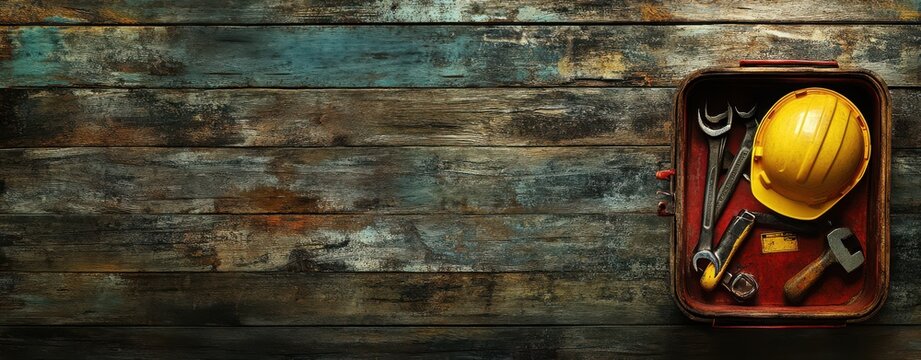 A yellow hard hat and tools sit in a toolbox on a rustic wooden background. - Powered by Adobe