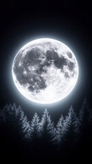 A large, bright moon hangs in the night sky, casting a soft glow on the silhouettes of trees in the foreground.