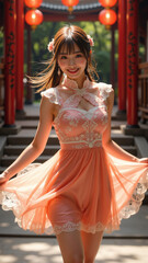 「ピンクとオレンジのレースドレスを着た女性が赤いランタンの並ぶ伝統的な建物の前でスカートを広げるポーズ、華やかでフェミニンな雰囲気と異国情緒溢れる背景が特徴、可愛らしさとエレガンスが際立つシーン」