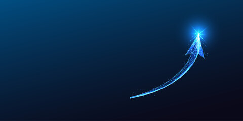 Abstract polygonal glowing arrow pointing upward on dark blue background. Growth, progress, success