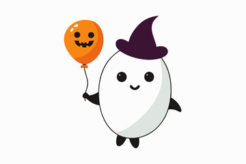 Cute ghost with Halloween witch balloons.Balloon of happy Halloween.Scary air balloon.Ghost holding pumpkin balloon.Isolated on white background.Vector illustration design.