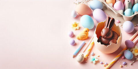 Chocolate bunny nestled inside pastel eggshell, Easter treat,