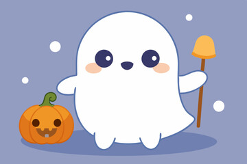 Halloween ghost with pumpkin. Kawaii phantom in white clothes and stick. Kawaii monster mystical drawing concept. Flat vector illustration isolated with pumpkins and holiday elements.