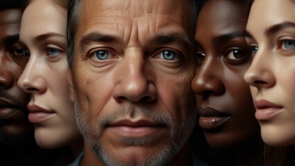 Human face made from different portrait of men and women of diverse age and race. Combination of faces. Humanity. Concept of social equality, human rights, freedom, diversity, acceptance