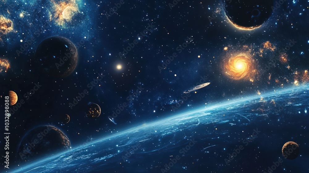 Wall mural astronomy backdrop with cosmic and space elements