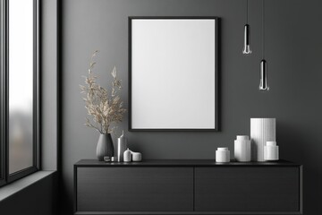 Minimalist sideboard with decorations and poster frame, dark gray wall interior design