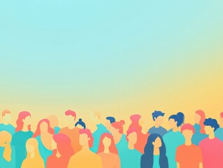 Fototapeta premium A crowd of diverse people The background is a gradient from light blue to orange showcasing different ages, ethnicities, skin tones, styles, hairstyles Generative AI