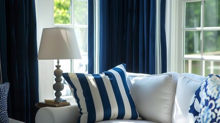 A white couch with blue and white striped pillows in front of a window with blue curtains.