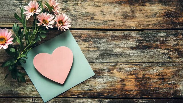 Pink flowers lay beside a pink heart on a blue envelope on a wooden table