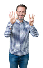 Naklejka premium Handsome middle age elegant senior business man wearing glasses over isolated background showing and pointing up with fingers number eight while smiling confident and happy.