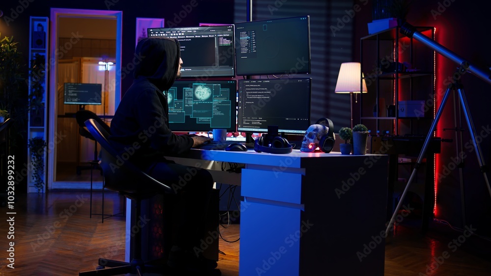Poster hacker stealing credit card numbers while listening music through headphones. evil developer program