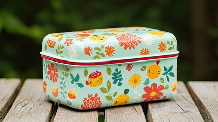 A colorful floral-patterned tin box resting on a wooden surface, showcasing vibrant designs of fruits and flowers against a mint backdrop.