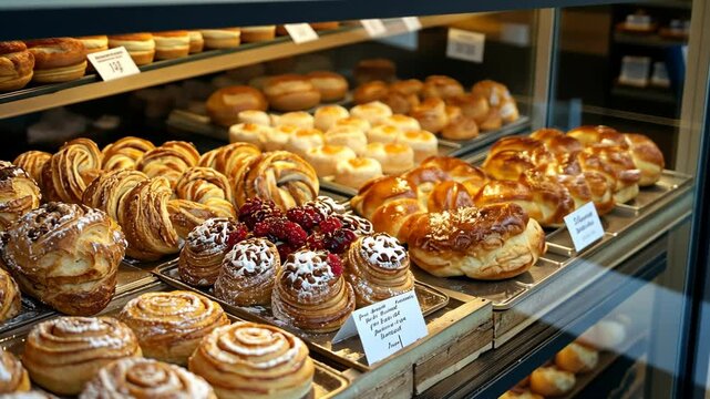 A bakery display case filled with fresh pastries, including danishes, croissants, and bread, are ready for sale