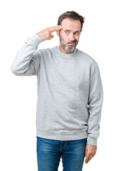 Handsome middle age senior man wearing a sweatshirt over isolated background Shooting and killing oneself pointing hand and fingers to head, suicide gesture.