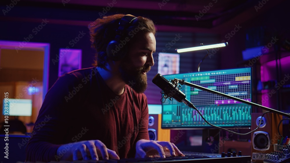 Leinwandbilder musician playing piano midi controller and recording a new song, singing on microphone in his home s