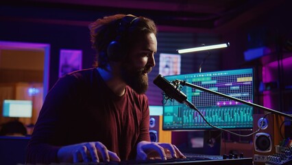 Musician playing piano midi controller and recording a new song, singing on microphone in his home...