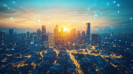 Futuristic cityscape showing data flowing between buildings at sunset