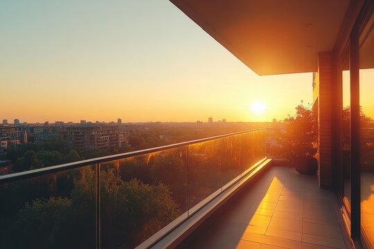 Modern balcony overlooking cityscape during golden hour sunset