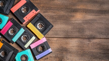 A vibrant collection of cassette tapes arranged on a wooden surface, showcasing retro colors and vintage nostalgia.
