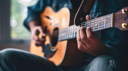 Obraz premium Close-up of a person's hands playing an acoustic guitar. The focus is on the fingers pressing down on the strings, with the body of the guitar blurred in the background.