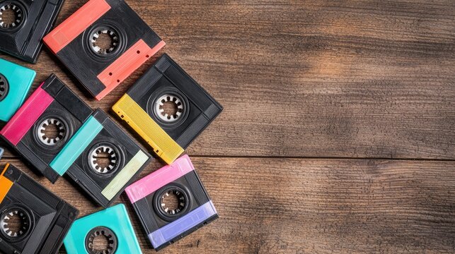 A vibrant collection of cassette tapes arranged on a wooden surface, showcasing retro colors and vintage nostalgia.