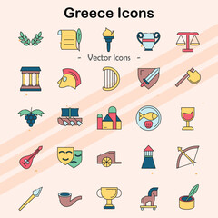 Icons representing various elements of Greece and its culture.