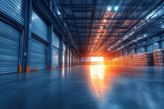 Empty warehouse storage space with sunlight shining through loading dock doors