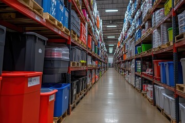 Warehouse showing rows of storage bins containing products for retail sale