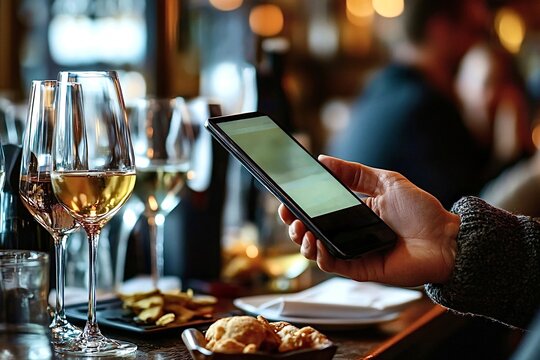 Sommelier choosing wine using app on smartphone in restaurant