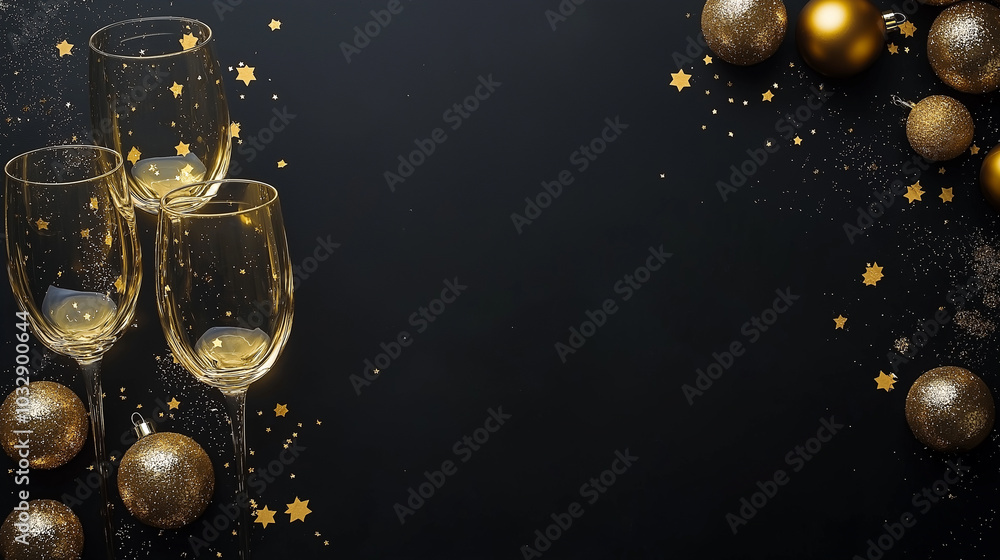 Wall mural festive gold goggles, champagne glasses to celebrate holiday party, enjoying christmas cheer and dri