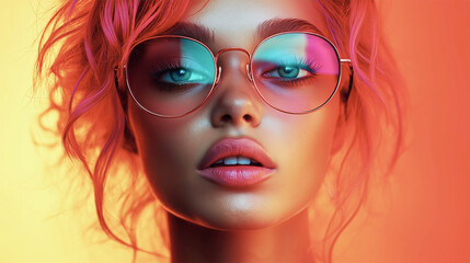 Fototapeta premium Blonde woman with pink hair and gradient neon lighting on face and glasses 