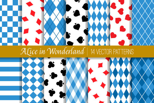 Alice in Wonderland Vector Patterns in Blue Argyle, Harlequin, Checks and Stripes and Red and Black Playing Cards Symbols of Spades, Clubs, Diamonds and Hearts. Repeating Pattern Tile Swatches Incl.