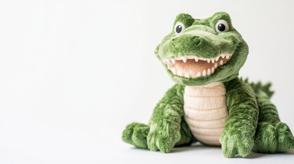 A green plush crocodile toy sits on a white background.