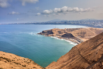 Panoramic View of Lima -Peru, from top of el Morro Solar. With La Herradura beach on the foreground.