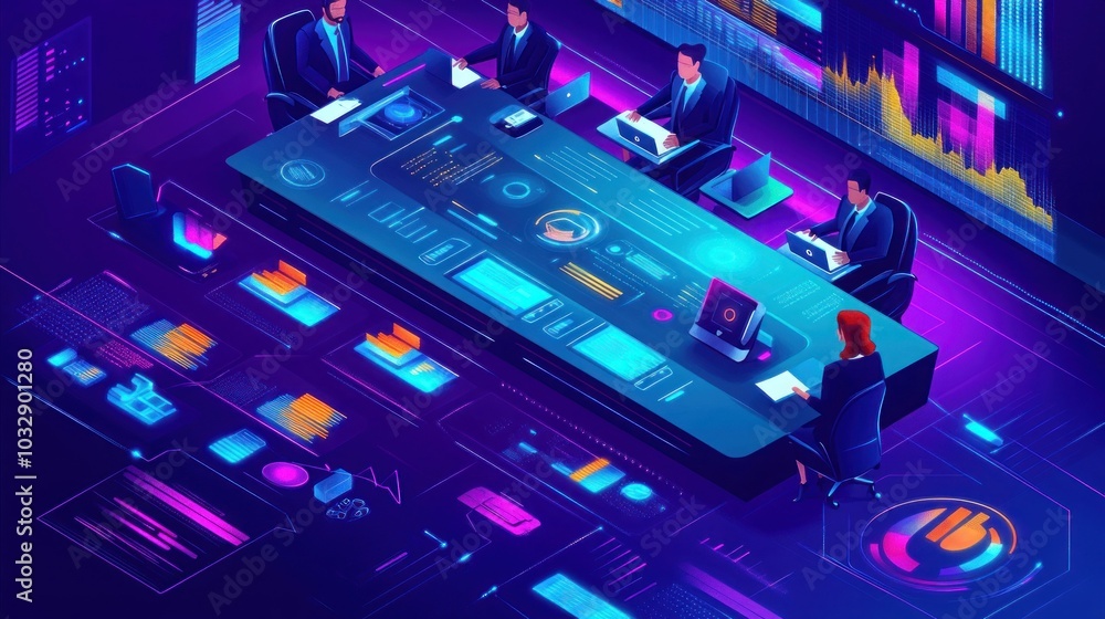 Aufkleber a team of business professionals are gathered around a large table with a digital display, analyzing